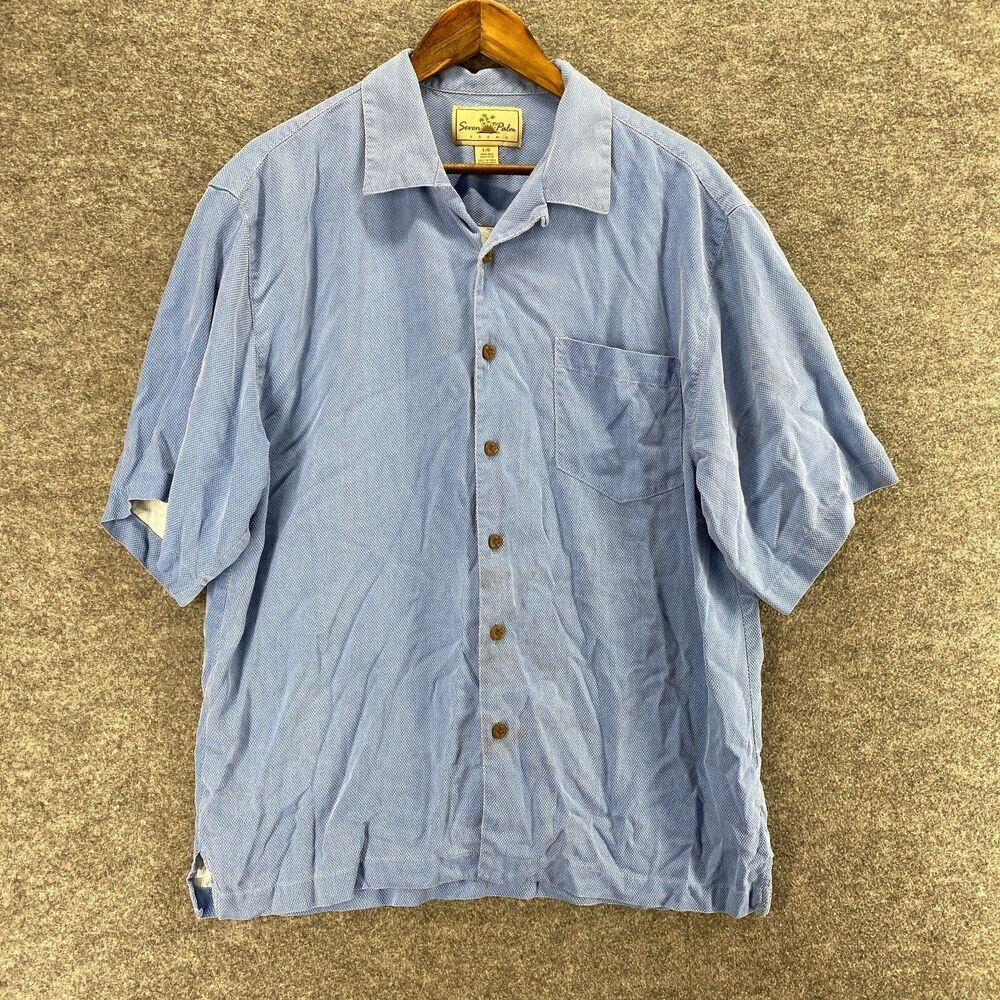 Seven Palm Shirt Men L Large Blue Silk Button Up Collared Short Sleeve Pockets